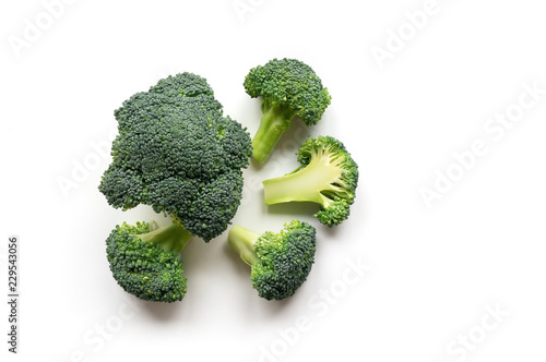 Isolated Broccoli. Green vegetables on white background. Top view.