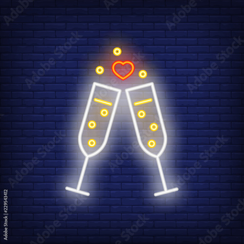 Flutes neon sign. Luminous signboard with champagne glasses. Night bright advertisement. Vector illustration in neon style for celebration, party