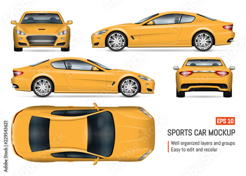 Car vector mockup on white background for vehicle branding, corporate identity. View from side, front, back, and top. All elements in the groups on separate layers for easy editing and recolor