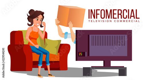 Infomercial, Shop On The Sofa, Woman Sitting On The Sofa In Front Of Tv And Delivery Hands Vector. Isolated Illustration photo