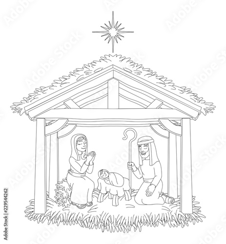 A Christmas nativity coloring scene cartoon, with baby Jesus, Mary and Joseph in the manger and guiding star above. 