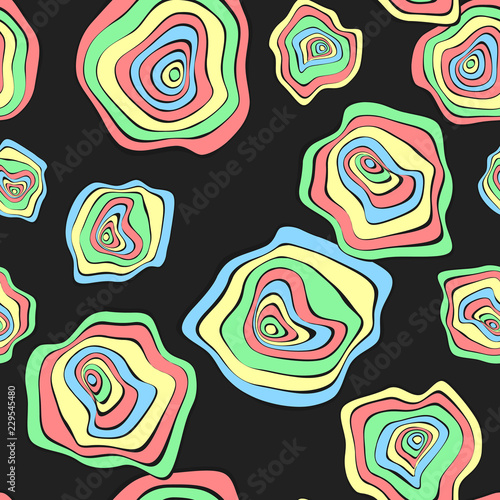 Wavy Deformed Spots. Purple Abstract Background. Seamless Pattern with Distorted Circles. Vector Psychedelic Illustration with Colorful Rounds. Wave Seamless Pattern for Fabric, Textile, Cloth Design.