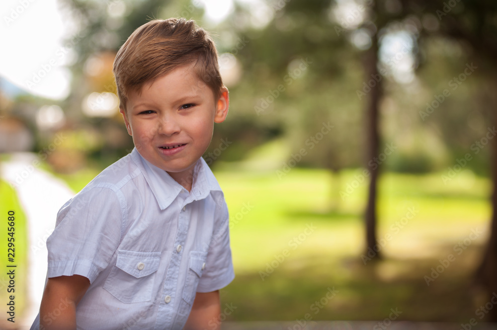 Portrait of funny cheerful positive boy in a white shirt smiling and looking at the camera against a background of blurry trees in the forest Portrait of funny cheerful positive boy in a white shirt smiling and looking at the camera against a background of blurry trees in the forest