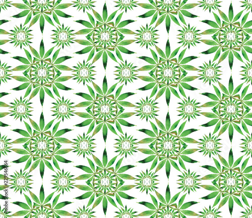 Watercolor Cannabis seamless background. Hemp leaves repeatable pattern © ringele