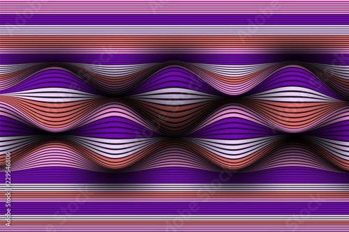 Wavy Lines with Gradient. Trendy Abstract Background with a Distorted Striped Surface. Futuristic Template with Effect of Volume and Movement. Flow. Wavy 3D Abstraction with Distorted Vector Stripes.