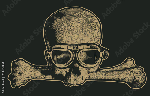 Skull In Motorcycle Retro Glasses And Crossbones. Biker Symbol. Handmade Detailed Drawing. Vector Illustration.