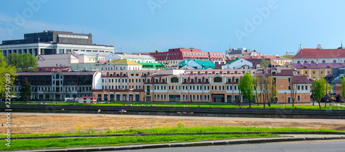 Minsk, Republic of Belarus - 01.05.2018: A view of the Svislach river and Zybitskaya Street