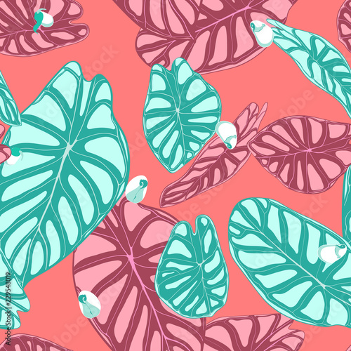 Seamless Jungle Pattern. Vector Tropic Leaves in Watercolor Style. Background with Stylized Plants Alocasia. Handwritten Exotic Foliage. Seamless Tropical Pattern for Textile  Cloth Design  Fabric.