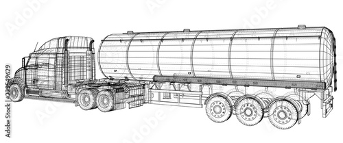 Gasoline tanker, Oil trailer, truck on highway. Very fast driving. Created illustration of 3d. Wire-frame.