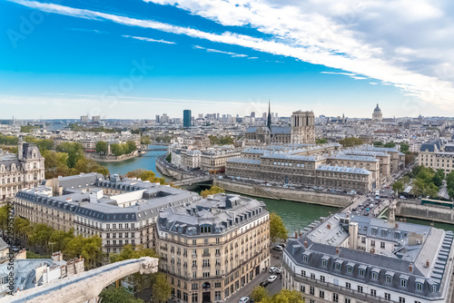 Paris, panorama of Notre-Dame cathedral on the ile de la Cite, with the Seine and the City Hall, and a gargoyle on the Saint-Jacques tower in the foreground     © Pascale Gueret