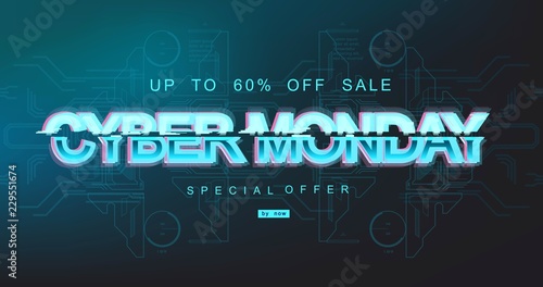 Cyber monday inscription in distorted glitch style. Digital author font, cyber font, advertising discount banner. reative template.