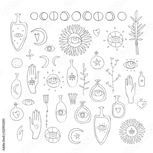 Hand drawn vector design elements Drawing of esoteric symbols Spiritual magic sacred signs and symbols on white background