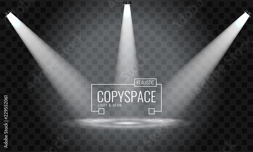 Three hanging spotlights design with direction of rays in one point on transparent background. Vector illustration