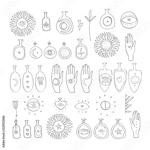 Hand drawn mystic esoteric symbols set Spiritual magic sacred vector elements