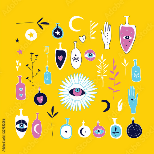 Wallpaper Mural Hand drawn magical esoteric mystic elements on yellow background Torontodigital.ca