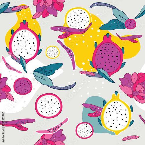 Exotic colorful tropical fruits Dragon fruit Pitaya Pitahaya Flowers and leaves Seamless background pattern Unique hand drawn stylish design