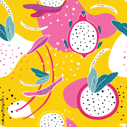 Exotic colorful tropical fruits Dragon fruit Pitaya Pitahaya slices Flowers and abstract elements