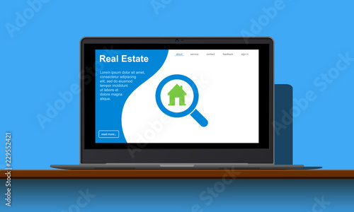 Real estate landing webpage on laptop vector illustration.