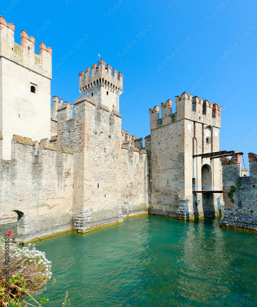Castle of Scaligers (second half of 12th - early 13th century) on shore of Lake Garda, Sirmione, Italy