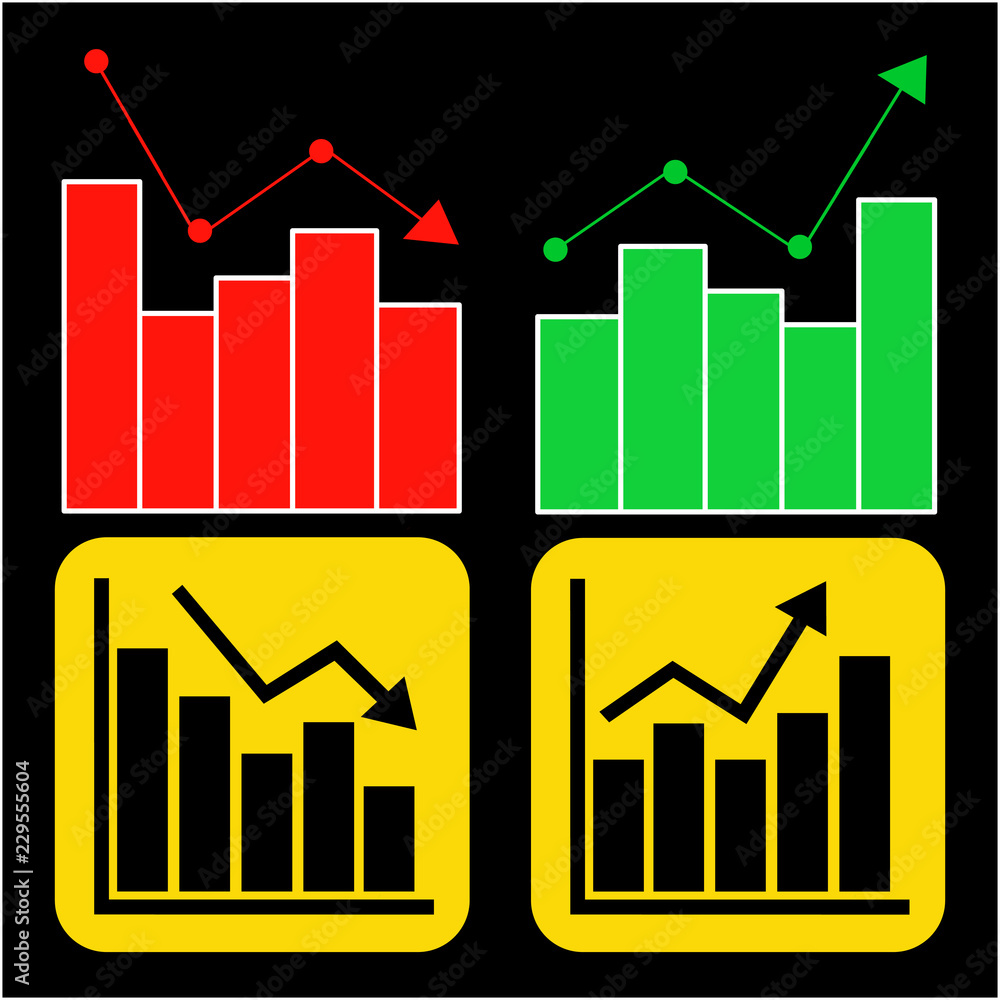 Vector Symbol of graph stock index simple icon flat style for graphic design use.Red and green vector symbol isolated on black background.Black vector symbol isolated on yellow background. Vector Symbol of graph stock index simple icon flat style for graphic design use.Red and green vector symbol isolated on black background.Black vector symbol isolated on yellow background.