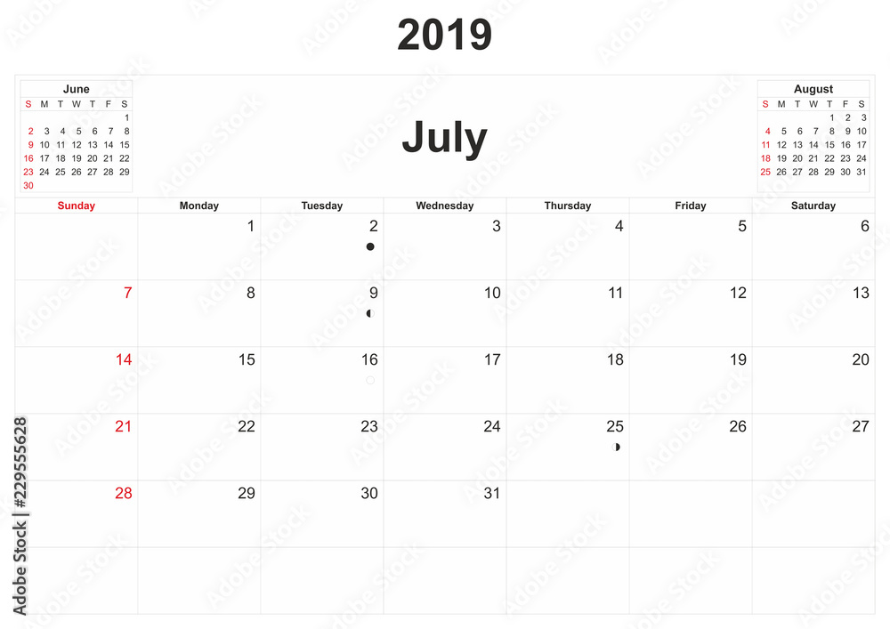 2019 monthly calendar with white background. 2019 monthly calendar with white background.
