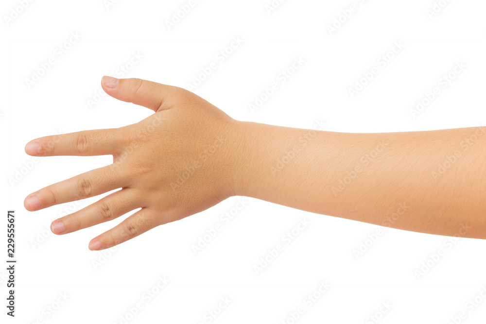 Human hand in reach out one's hand and showing 5 fingers gesture isolate on white background with clipping path, Low contrast for retouch or graphic design
