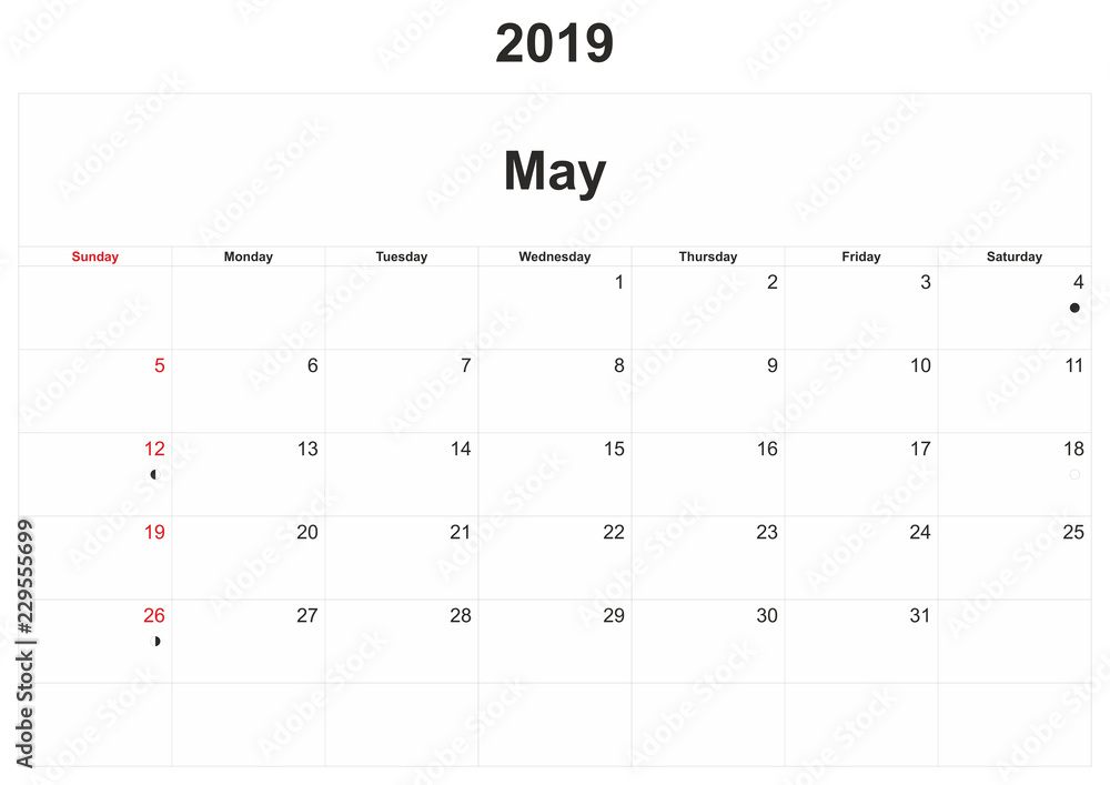 2019 monthly calendar with white background. 2019 monthly calendar with white background.