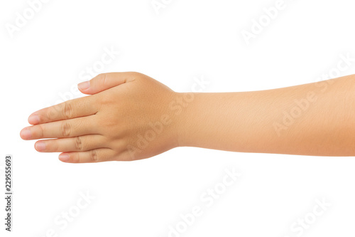 Human hand in reach out one's hand and showing 5 fingers gesture isolate on white background with clipping path, Low contrast for retouch or graphic design