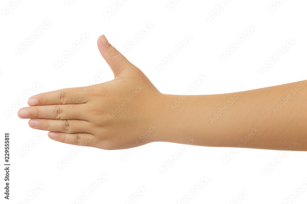 Human hand in reach out one's hand and showing 5 fingers gesture isolate on white background with clipping path, Low contrast for retouch or graphic design