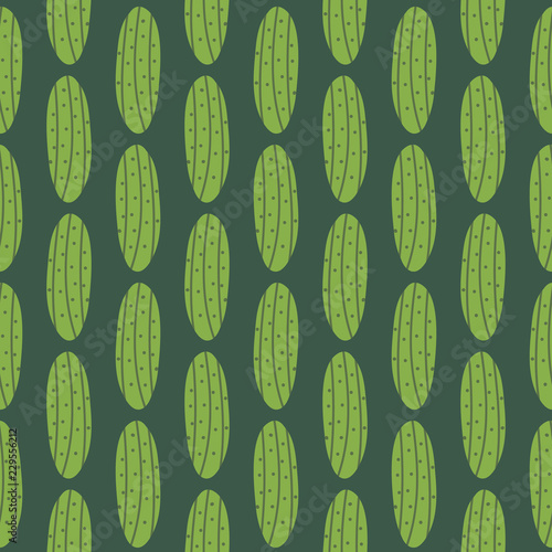 Whole green cucumbers, pickles cartoon vector seamless pattern background.
