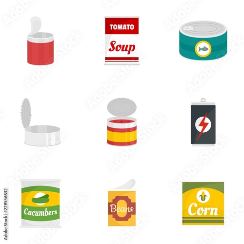 Tin can icon set. Flat set of 9 tin can vector icons for web design