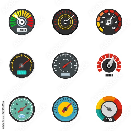 Car gauge icon set. Flat set of 9 car gauge vector icons for web design