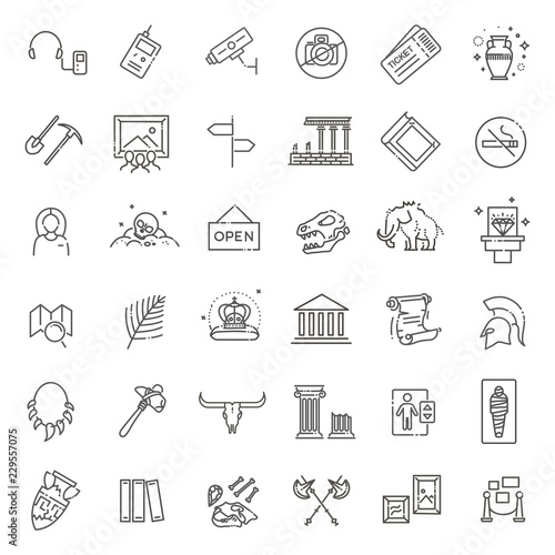 museum icons set. museum exhibits collection. Thin line design