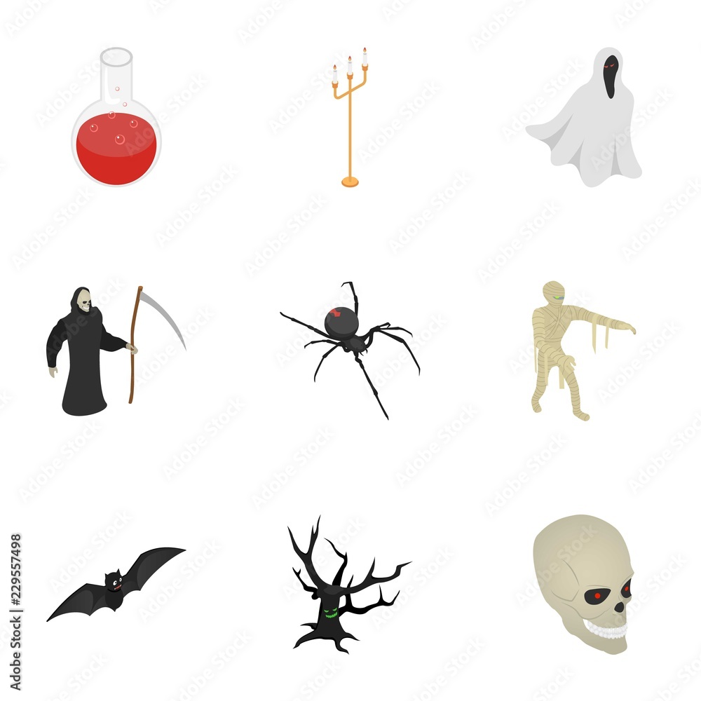 Magic halloween icon set. Isometric set of magic halloween vector icons for web design isolated on white background