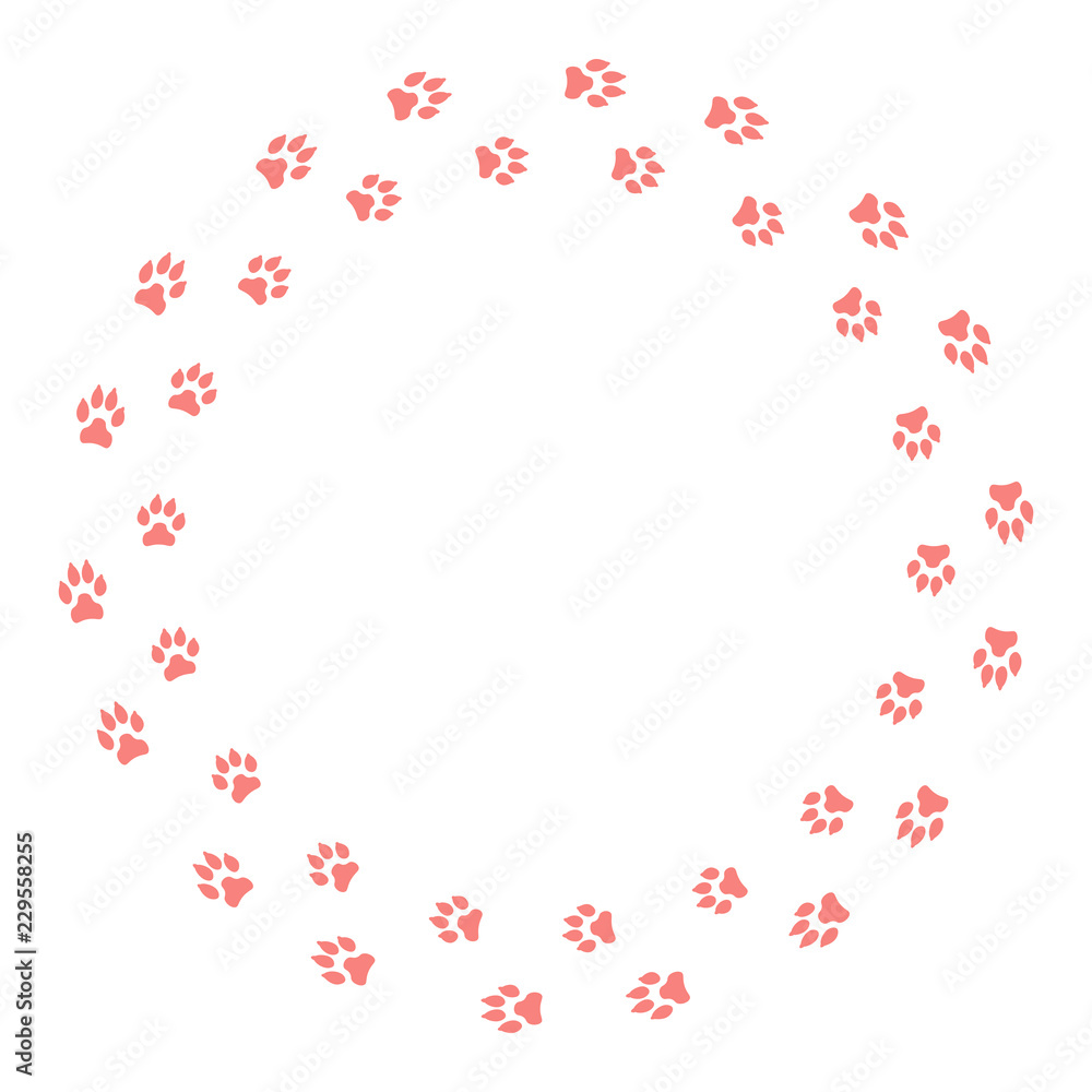 Round frame with dog tracks isolated on white background. Vector illustration.