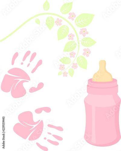 Little lady baby shower related items collection. Newborn set. Baby girl elements, handprint, baby nursing bottle. Vector pink scrapbook decor, greeting birthday postcard.