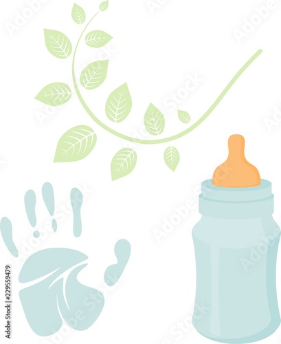 Little man baby shower related items collection. Newborn set. Baby boy elements, handprint, baby nursing bottle. Vector blue scrapbook decor, greeting birthday postcard