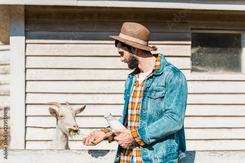 side view of male farmer with bottle of milk feeding goat by grass near wooden fence at farm photo