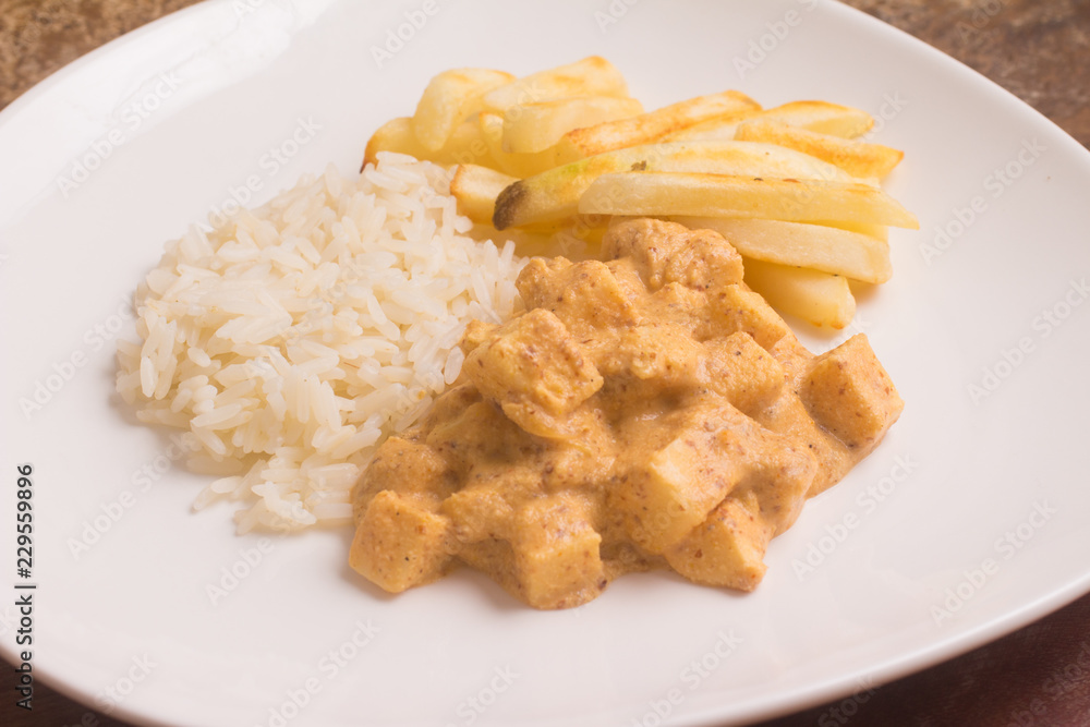 Vegan Stroganoff with Palm Heart, rice and fries