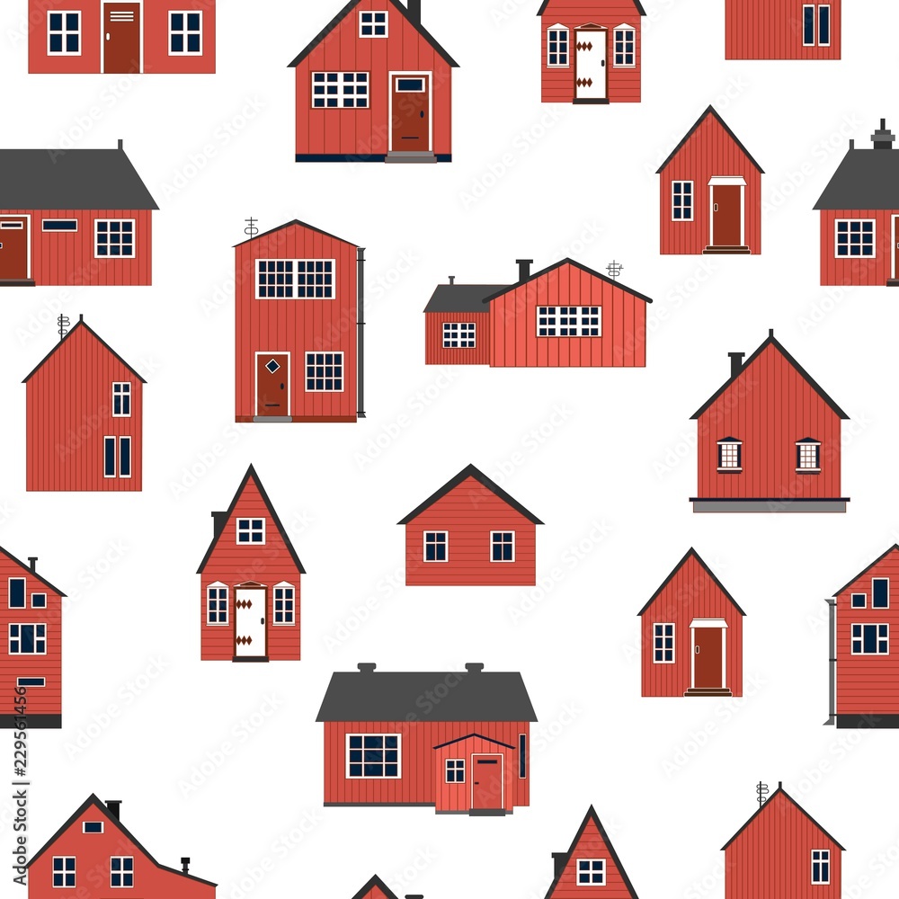 Seamless pattern of wooden scandinavian style houses 