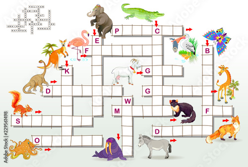 Crossword puzzle game with funny animals. Educational page for children for study English words. Vector cartoon image.