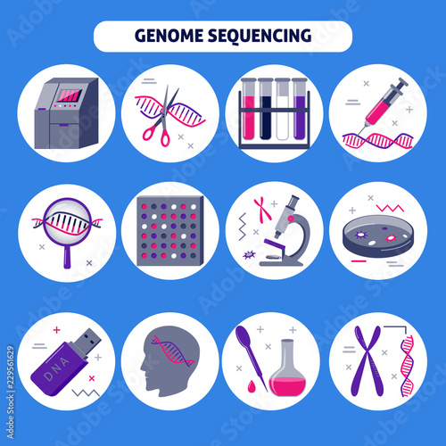 Genome research icon set in flat style