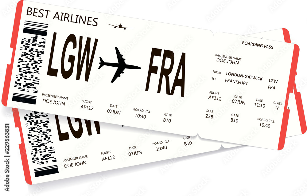 Fototapeta Red and white boarding pass. Airline ticket for travel by plane. Modern and realistic pattern of boarding pass for airline company. Travel, journey or vacation concept