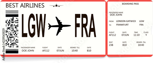 Red and white boarding pass. Airline ticket for travel by plane. Modern and realistic pattern of boarding pass for airline company. Travel, journey or vacation concept