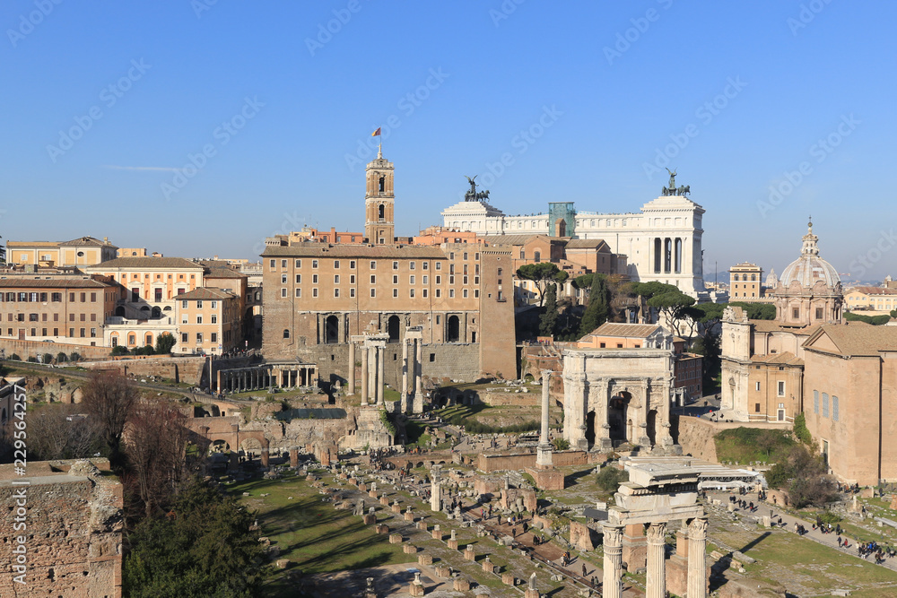 Scenic sight in the Roman Forum, with the Campidoglio Hill, the Vittoriano monument and the Settimio Severo Arch.