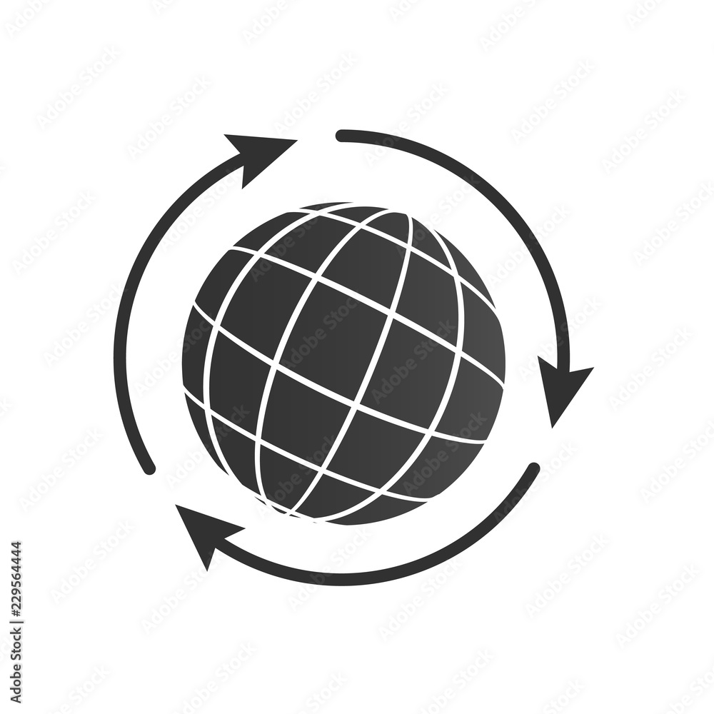 Globe with three arrows around icon for web and mobile, modern minimalistic flat design. vector illustration. Globe with three arrows around icon for web and mobile, modern minimalistic flat design. vector illustration.