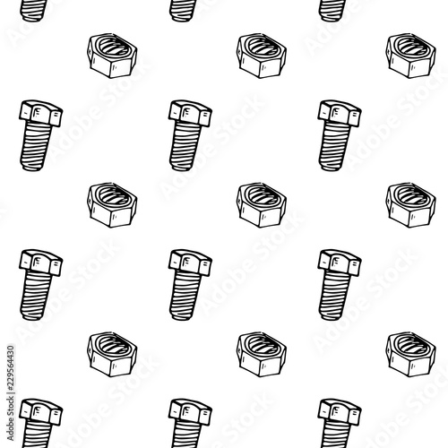 Seamless pattern hand drawn bolt | nut. Doodle black sketch. Sign symbol. Decoration element. Isolated on white background. Flat design. Vector illustration