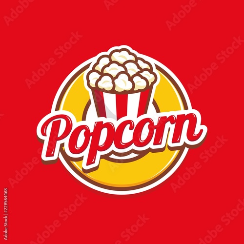 Popcorn logo badge with illustration of popcorn in bucket