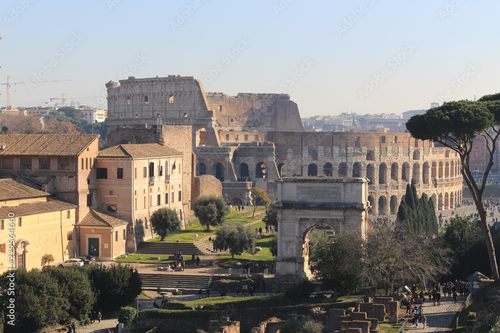 Aerial view of the ancient Roman Forum with Colosseum Rome, Italy
