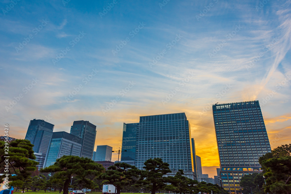 夜明けの高層ビル群　丸ノ内  The sky at daybreak in Marunouchi, Tokyo, Japan